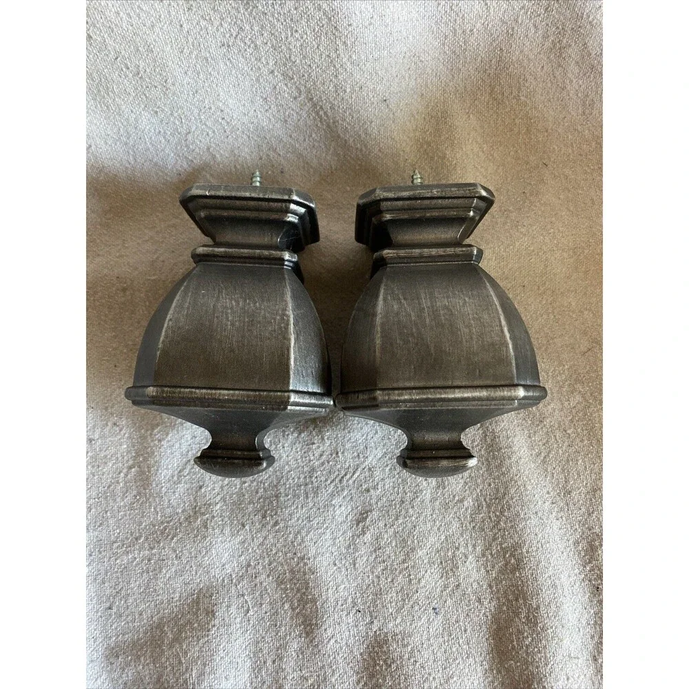 2x Wooden Drapery Curtain Rod Finials Fits 1 5/8” Rod - Screw On - AntiqueSilver